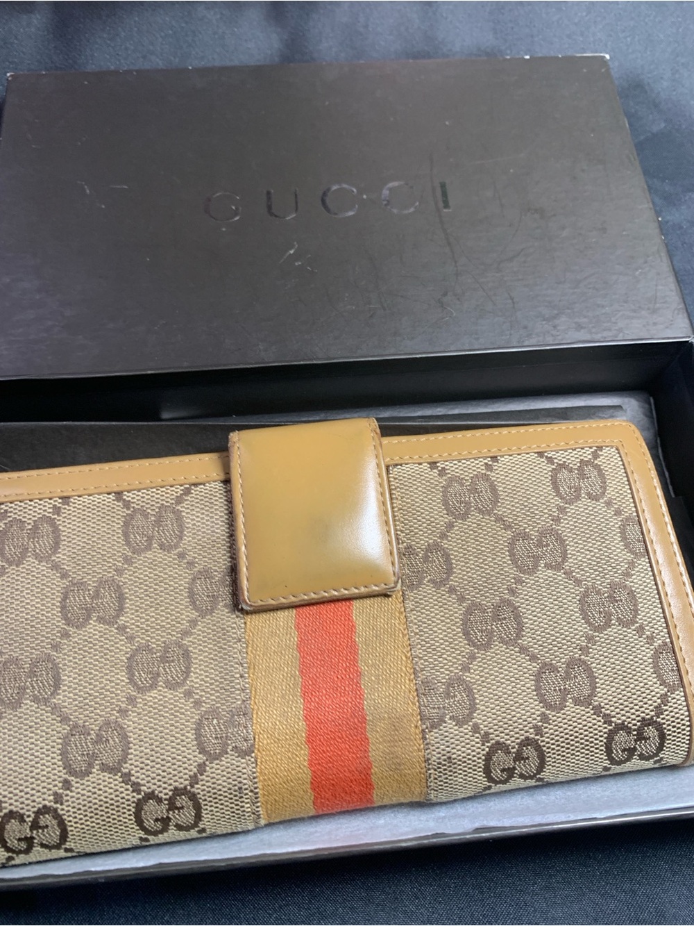 Gucci Brown Monogram Continental Wallet with Orange-Red Center Stripe